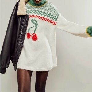 Free People Cream Sweater with Red Cherry Motif & Green Accents
